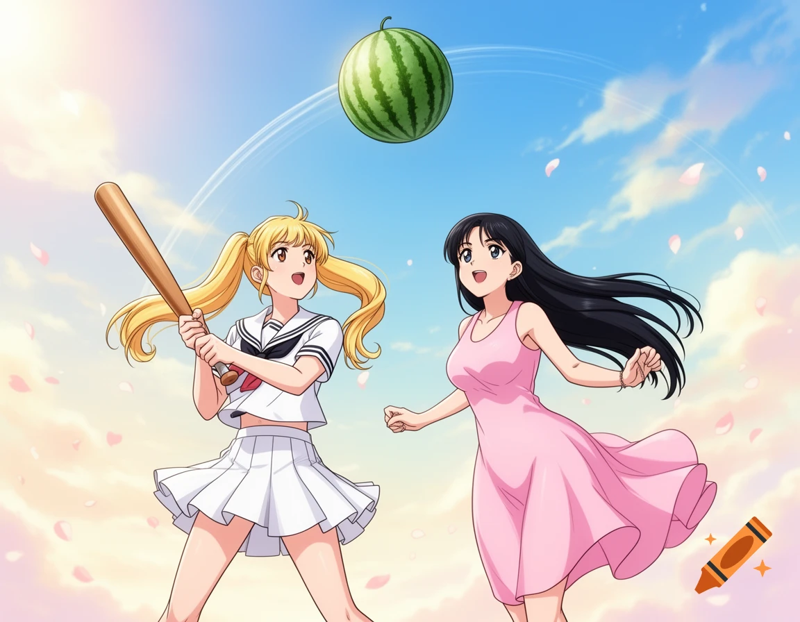 Anime art of two women playing suikawari: one in a sailor suit with a bat, the other in a pink dress, under a bright sky.