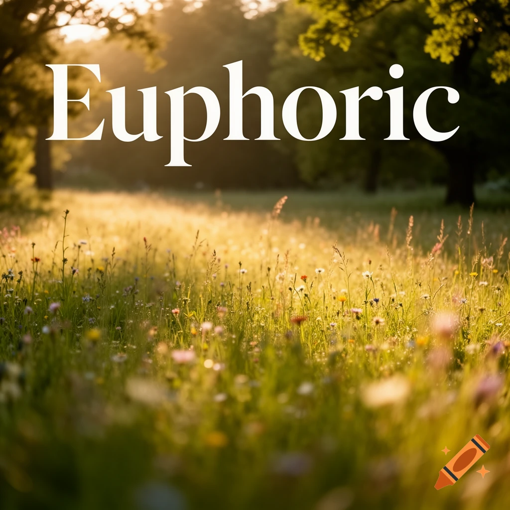 The word 'Euphoric' in white over a sunny, golden meadow with blurry trees in the background.