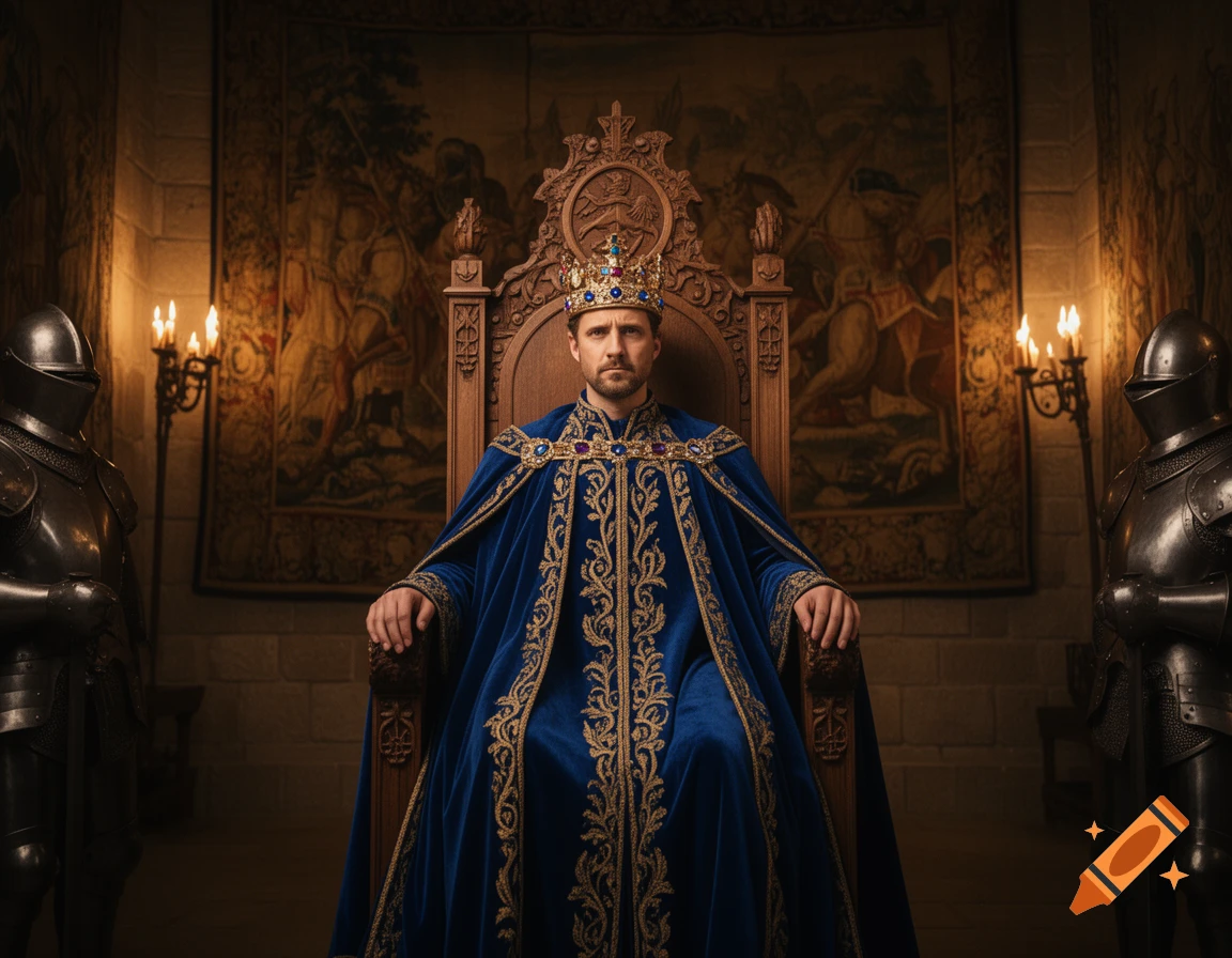 A regal king in a blue and gold robe, wearing a crown, sits on an ornate wooden throne in a grand, dimly lit chamber flanked by armored guards.