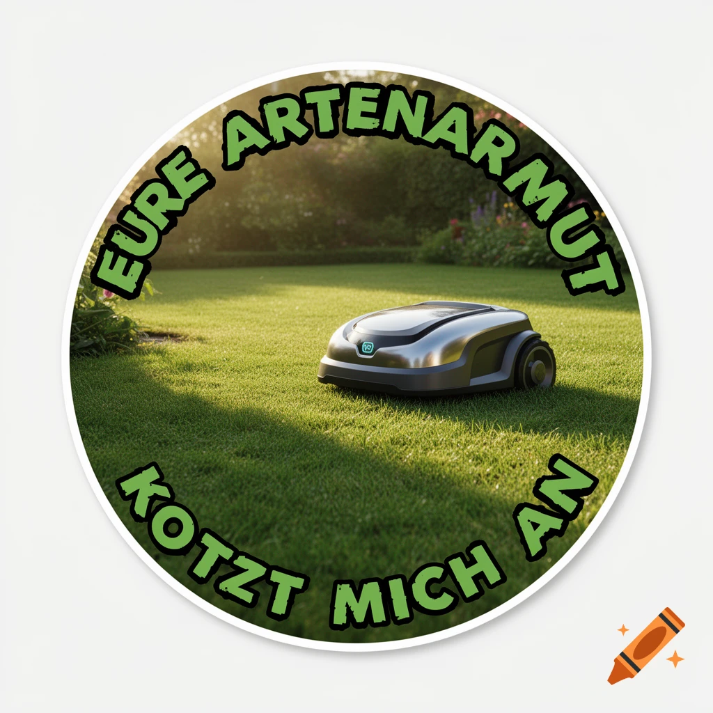 A round sticker featuring a robotic lawnmower on a bright green lawn, with text around the edges.