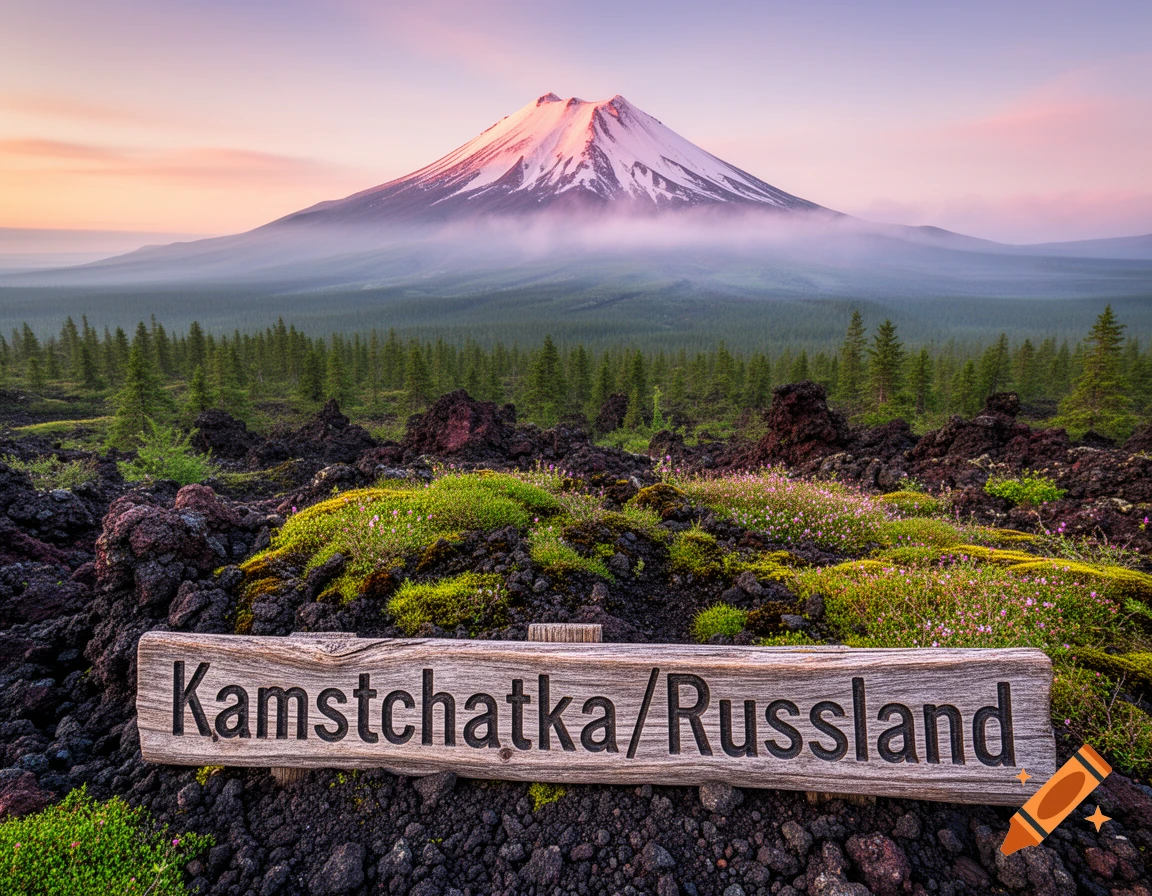 Photorealistic landscape of a snow-capped mountain at sunset, with forests, volcanic rocks, and a sign reading "Kamtschatka/Russland".