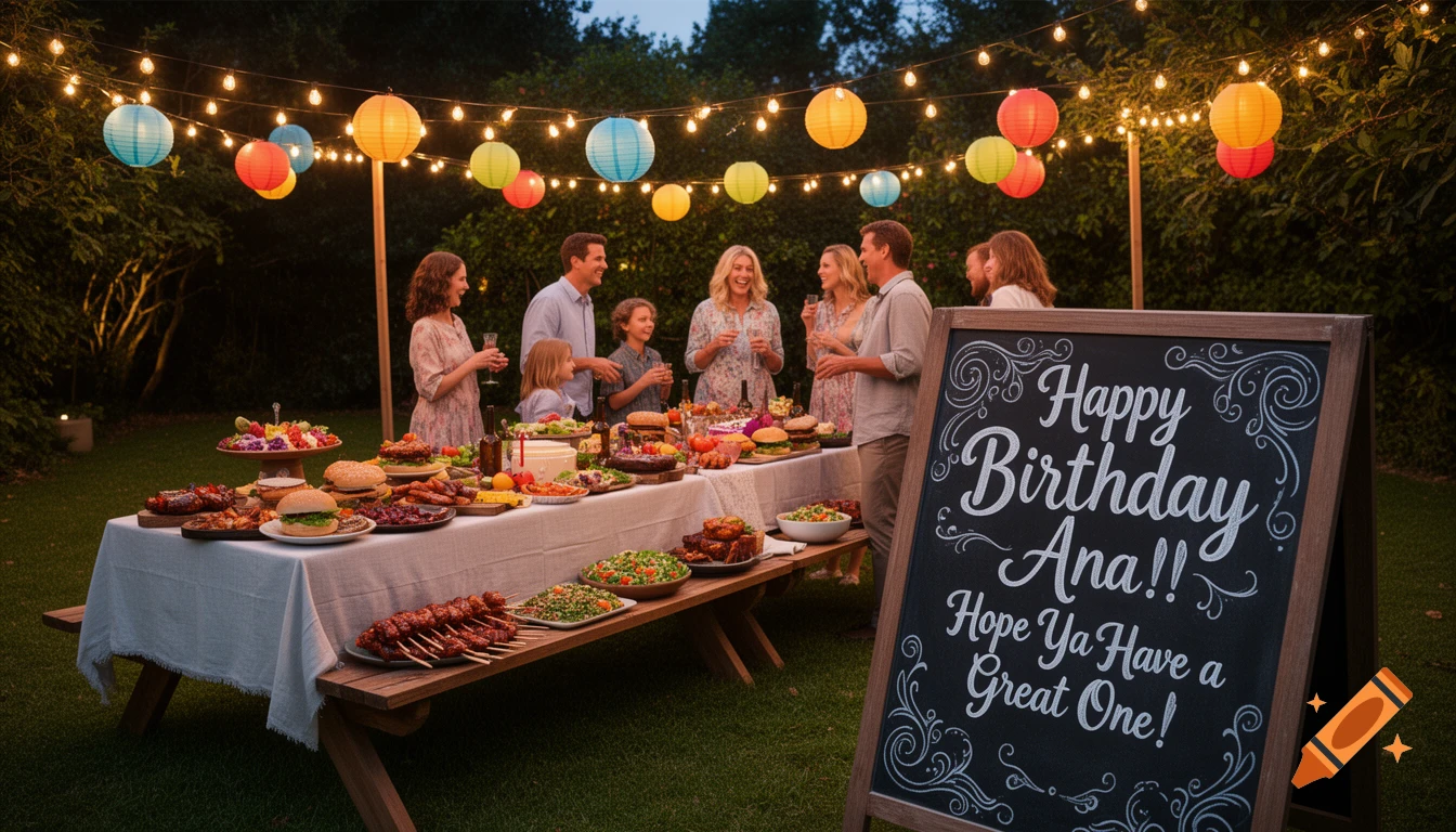 Outdoor evening birthday party with people, a table of BBQ food, string lights, lanterns, and a chalkboard sign that says 'Happy Birthday Ana!'