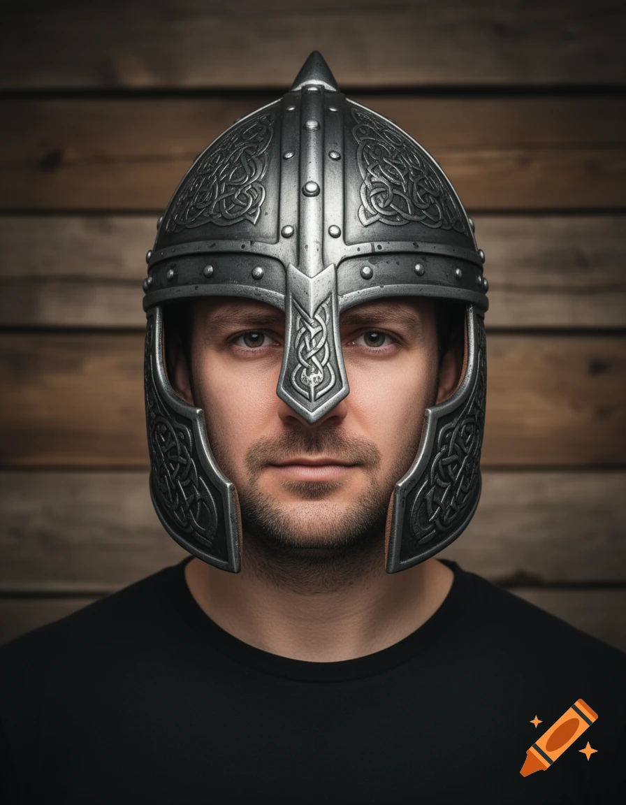 A man with a beard wearing a detailed silver Viking helmet adorned with Celtic knot patterns, looking directly forward against a wooden background.