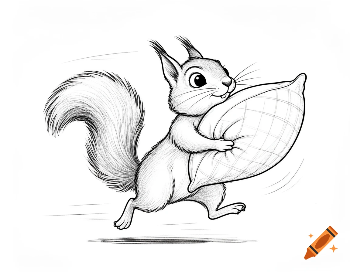 A line drawing of a cartoon squirrel running with a bed pillow under its arm.