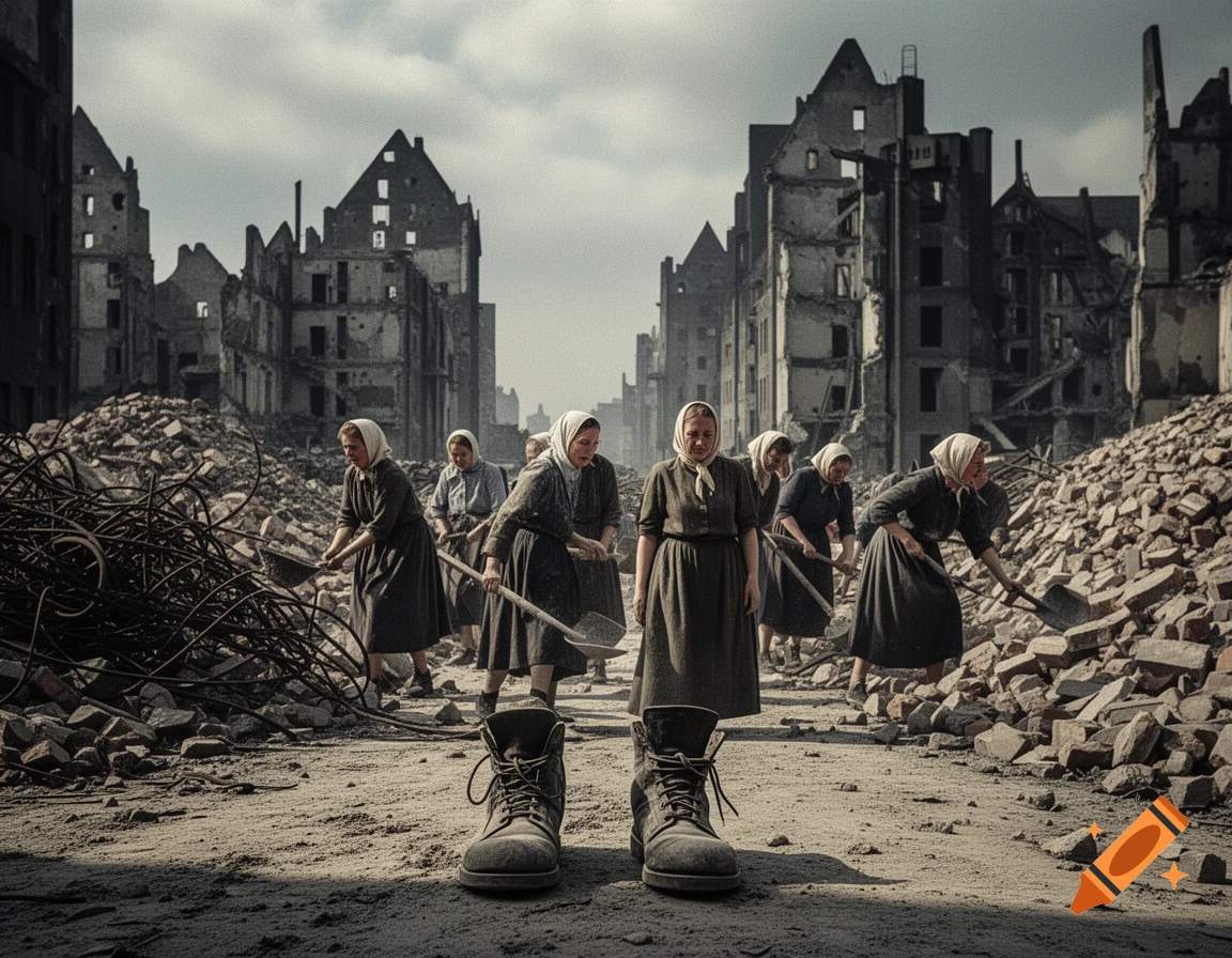Photorealistic image of women clearing rubble with shovels in a bombed-out city landscape, with a pair of large boots in the foreground.