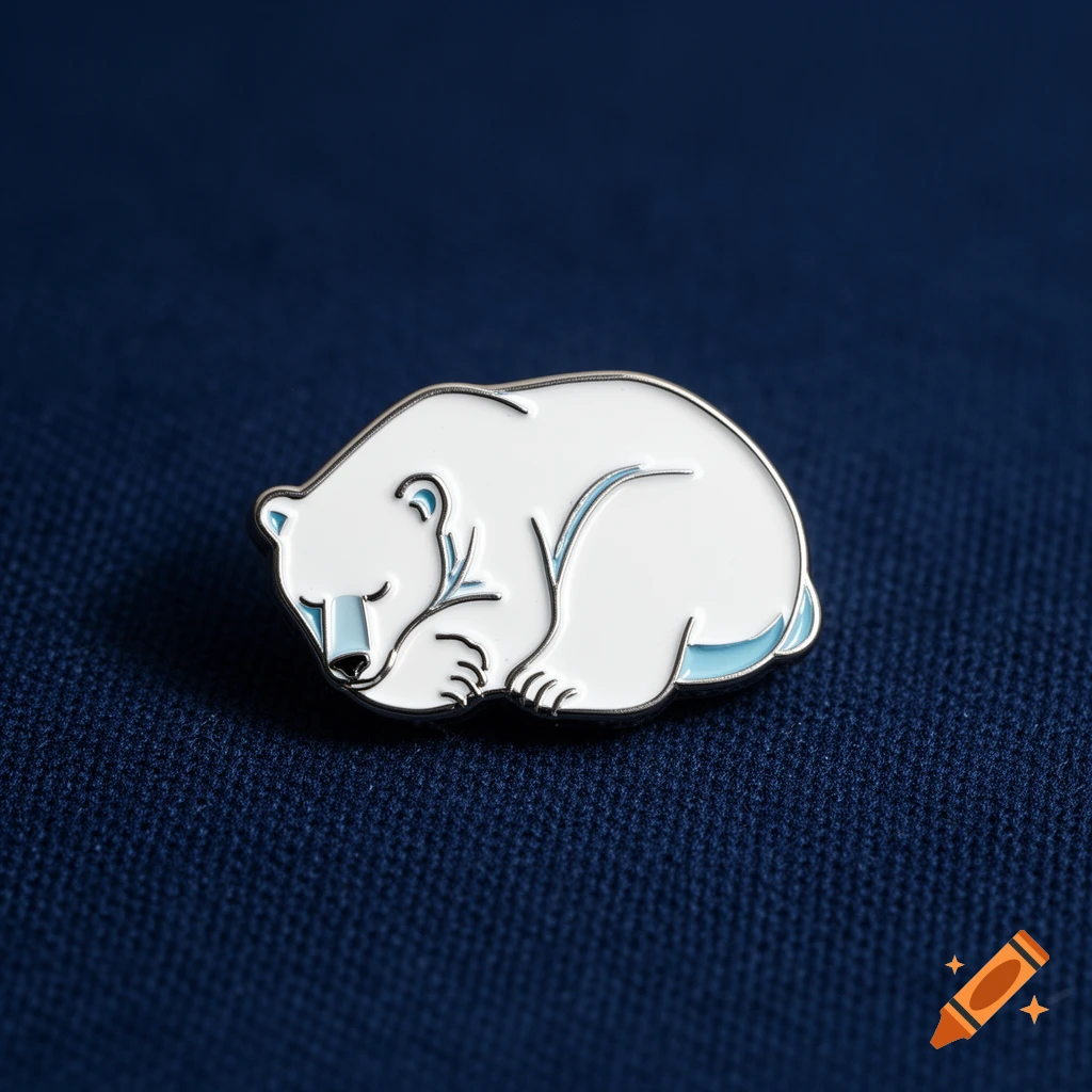 An enamel pin of a sleeping white polar bear with blue accents, against a navy blue fabric background.