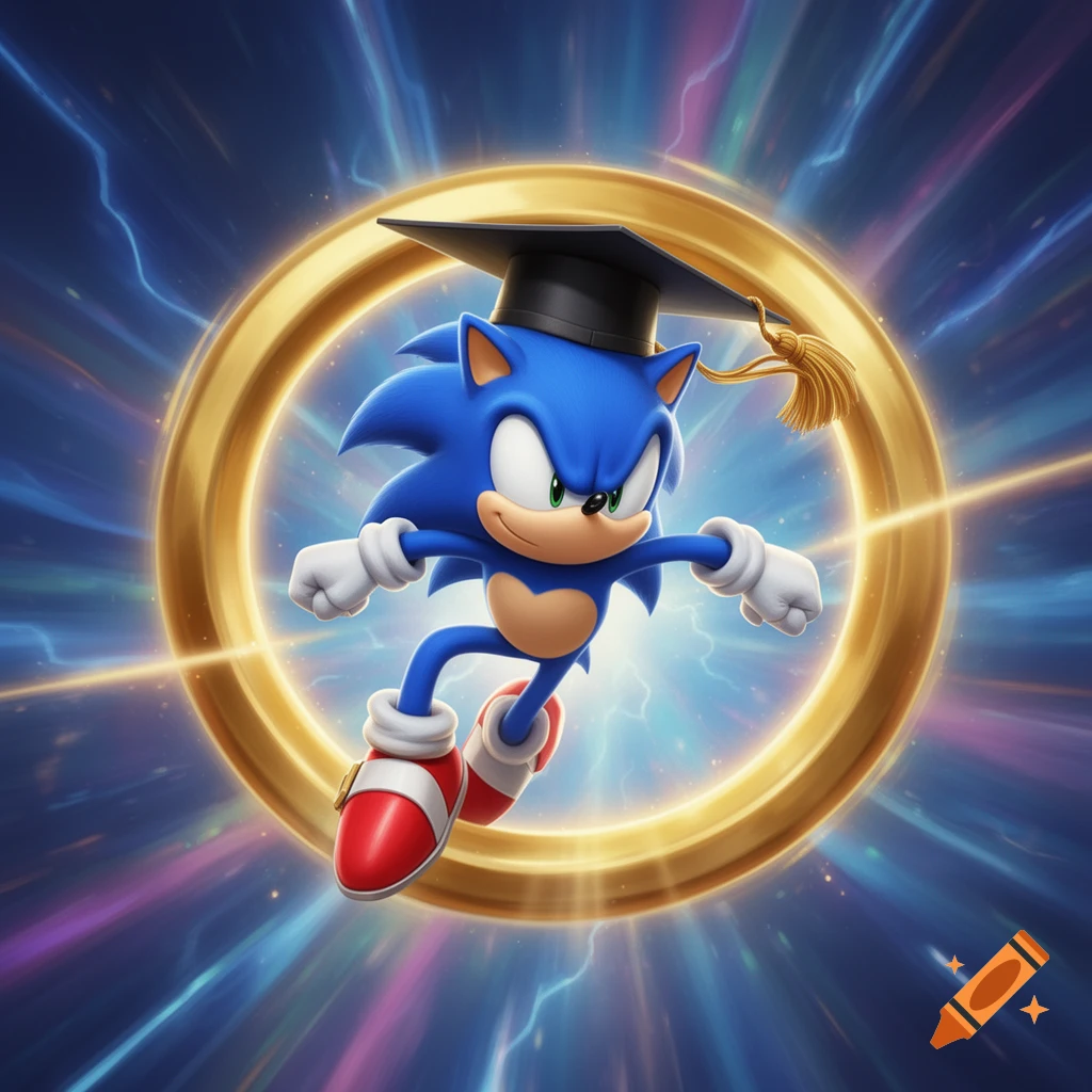 Sonic the Hedgehog wearing a graduation cap, running from a glowing gold ring amidst a blue, lightning-streaked background.