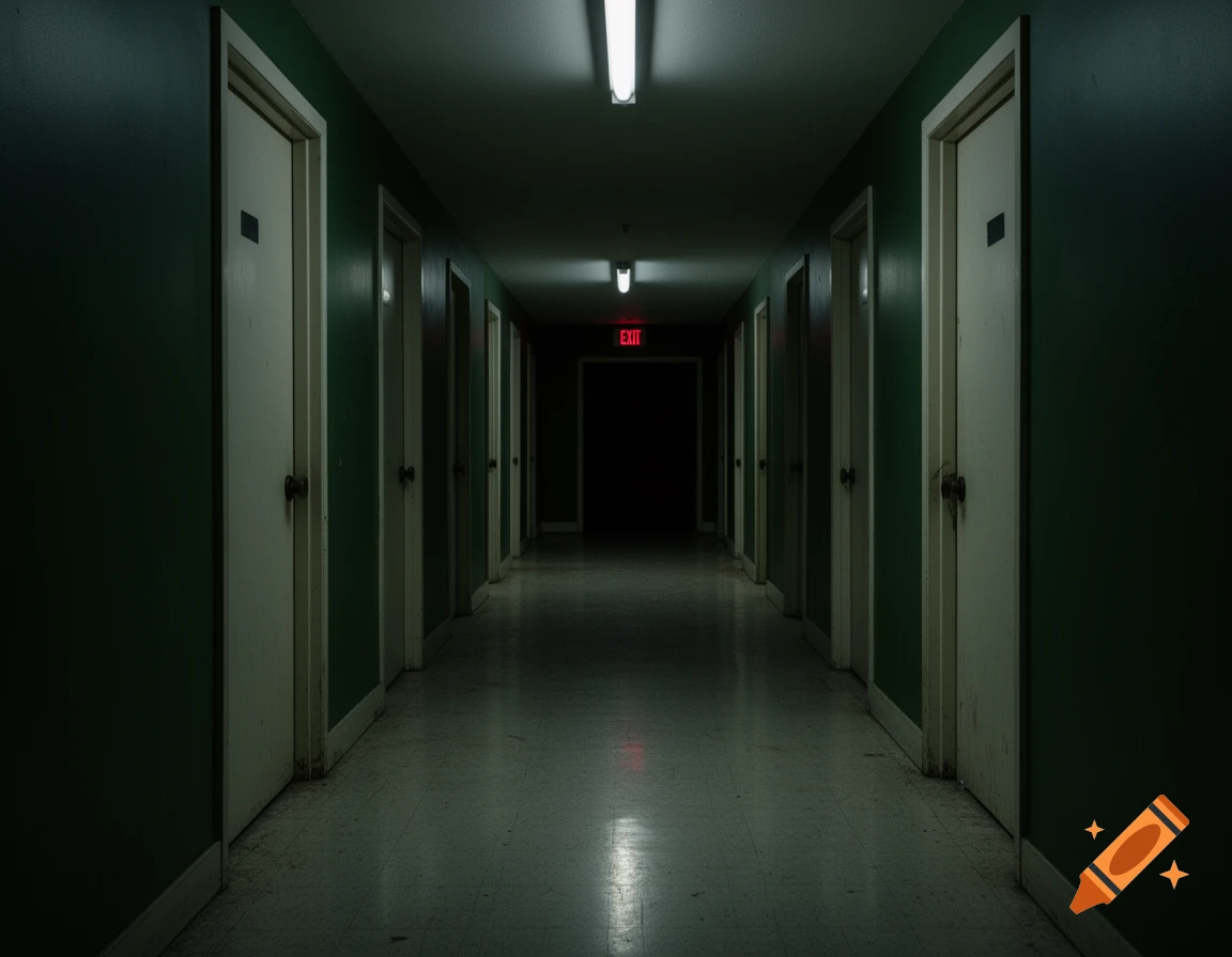 A long, dark, empty hallway lined with white doors on both sides, with fluorescent lights overhead and a red EXIT sign in the distance.