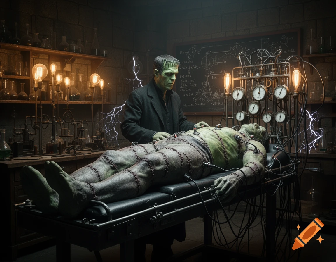 Dr. Frankenstein stands over his monster on a lab table, connected by wires, amidst flashing lightning in a dark, vintage laboratory.