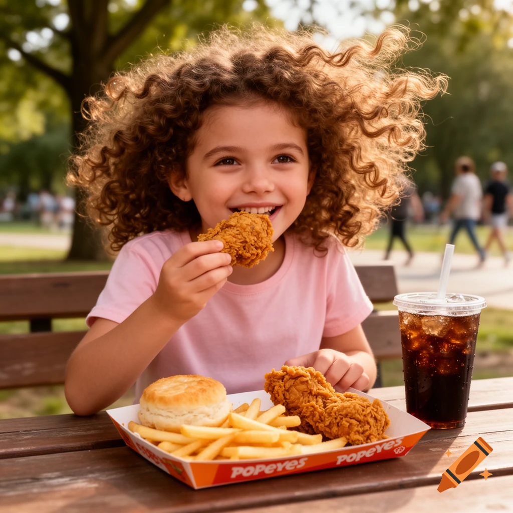 A curly-haired girl smiling and happily eating Popeyes fried chicken, fries, and a biscuit, with a soda, at a wooden picnic table in a park.