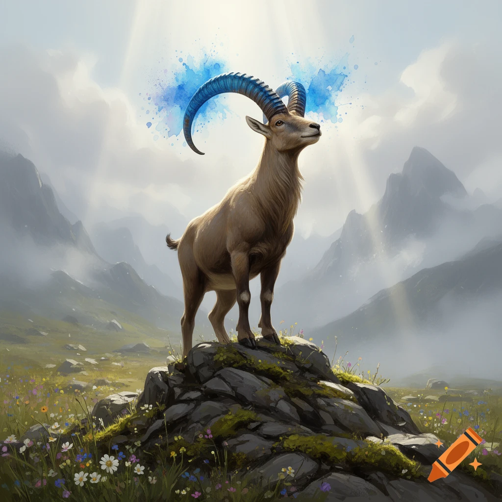 A proud mountain goat with blue watercolor horns stands on a rock amidst wildflowers in a hazy mountain landscape.