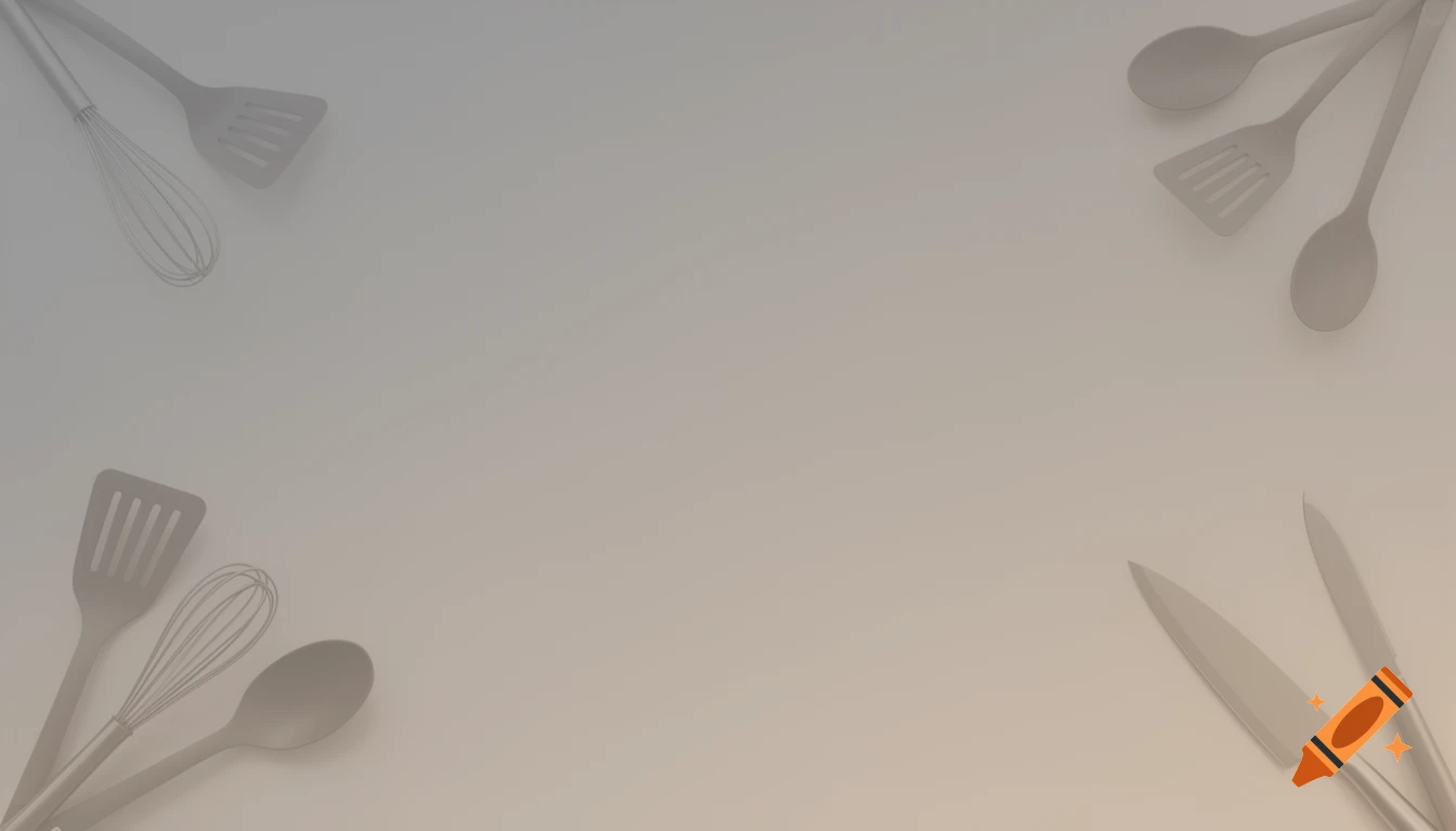 Subtle background of kitchen utensils including spatulas, whisks, spoons, and knives on a light surface.