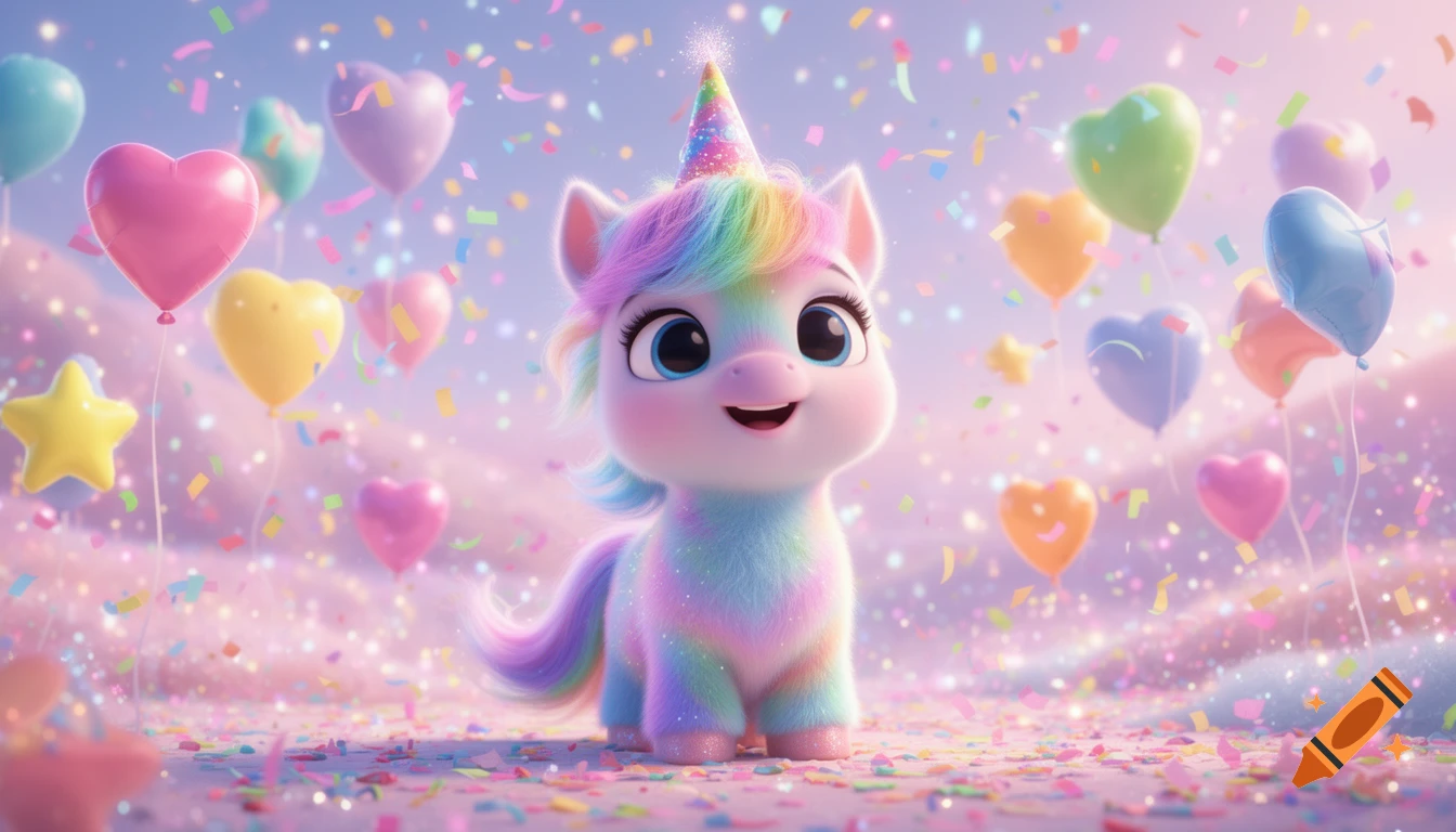 A cute baby rainbow unicorn with a sparkling party hat celebrates its birthday, surrounded by heart and star balloons and confetti in a dreamy pastel 3D animated style.