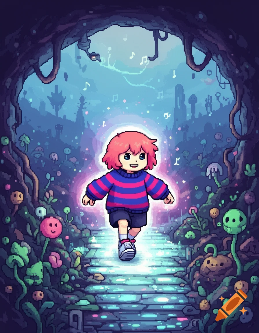 Pixel art of Frisk, glowing, walking on a luminous path through a magical cave with plants and musical notes.