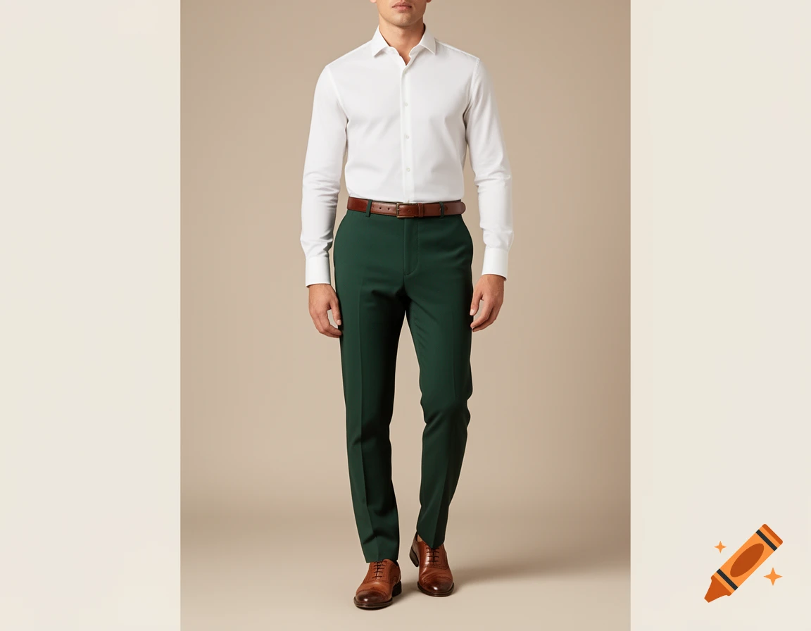 Man wearing a white dress shirt, dark green pants, a brown belt, and brown dress shoes against a light beige background.