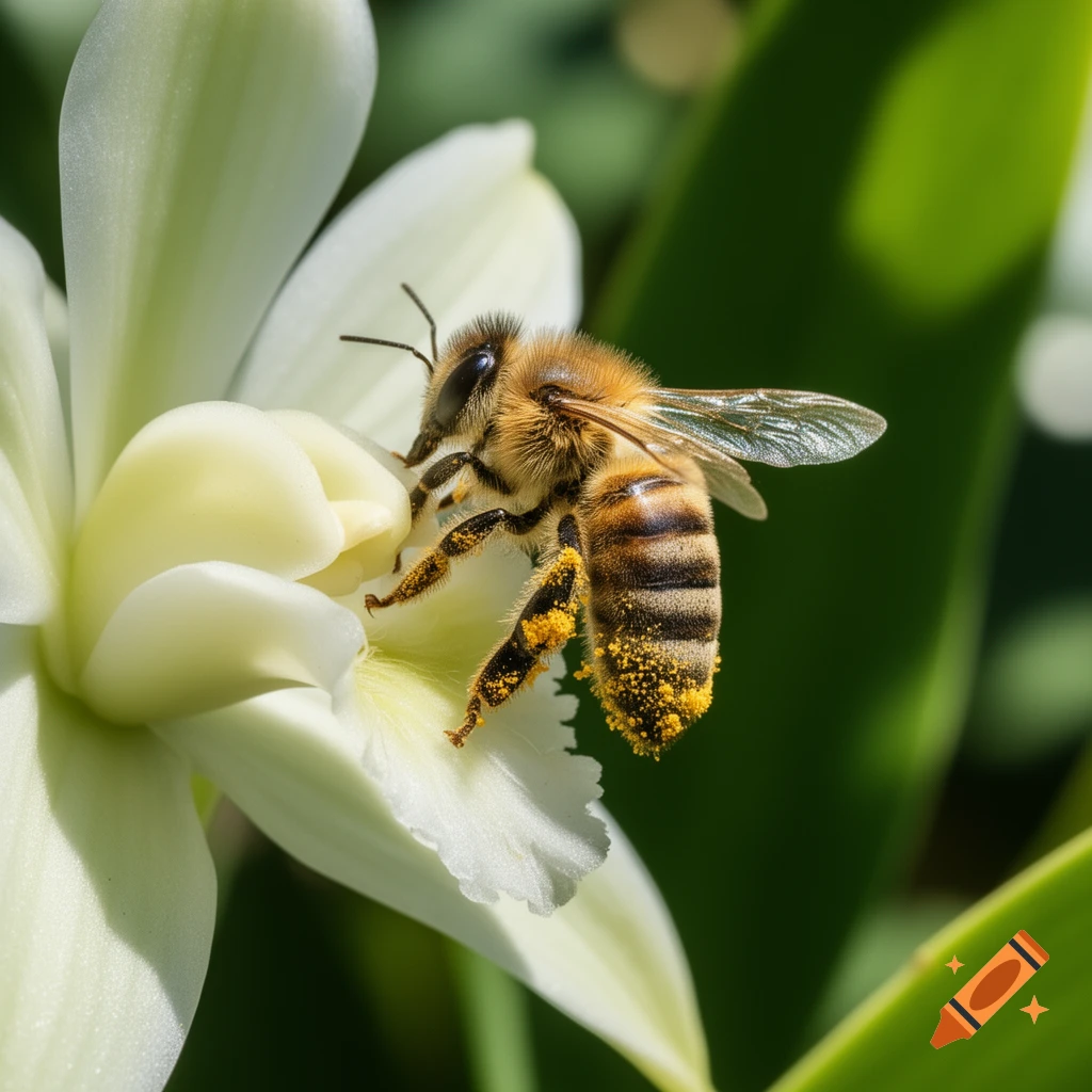 A detailed macro shot of a honeybee covered in yellow pollen, perched on a white flower petal.