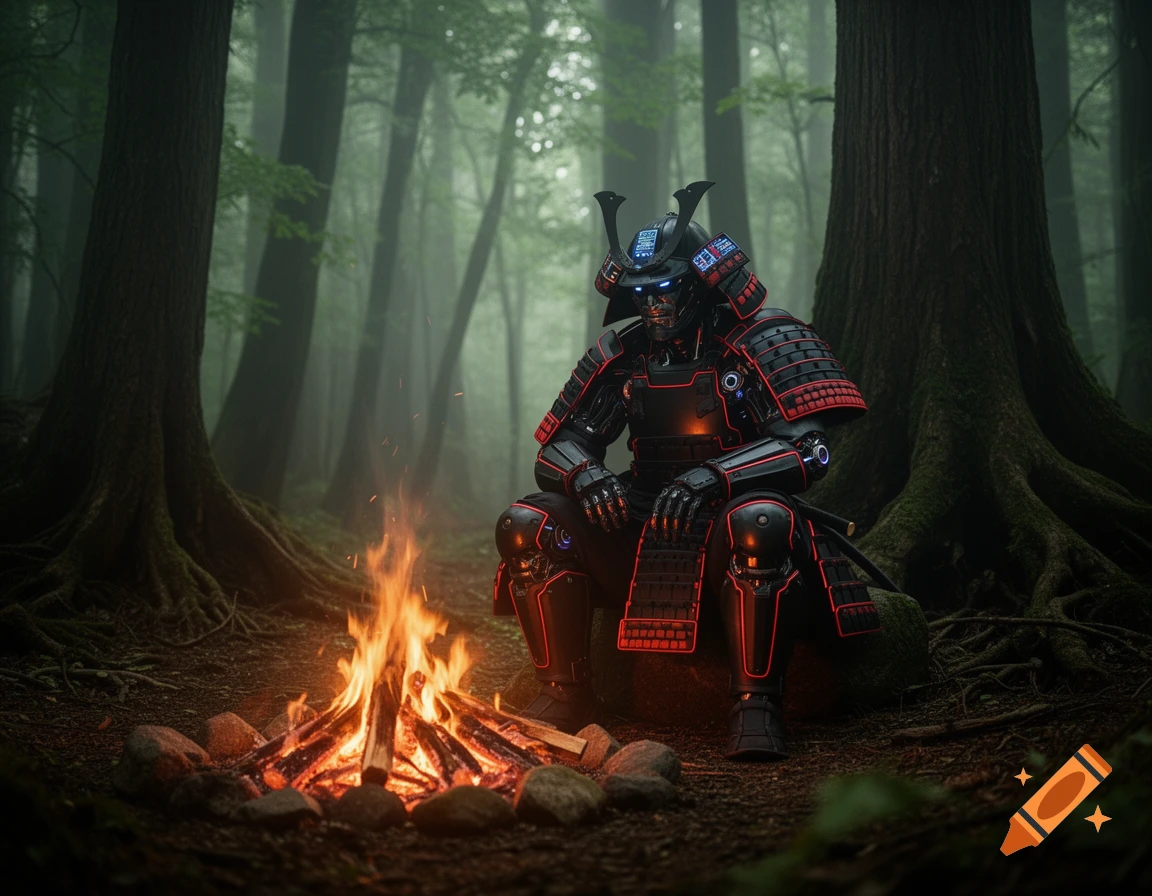 A black and red cyborg samurai sits by a glowing campfire in a misty green forest.