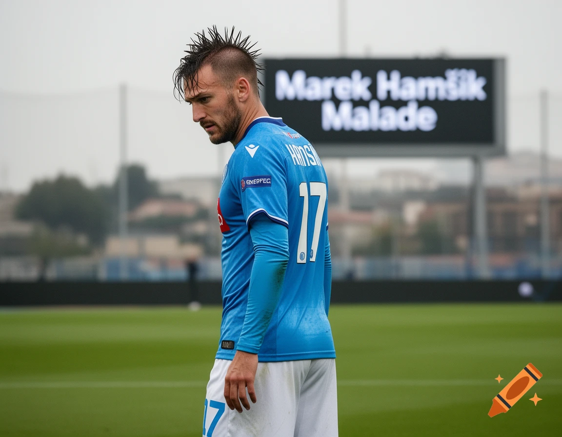 Soccer player Marek Hamšík in a light blue jersey with number 17 on a green field, scoreboard displaying 'Marek Hamšík Malade'.
