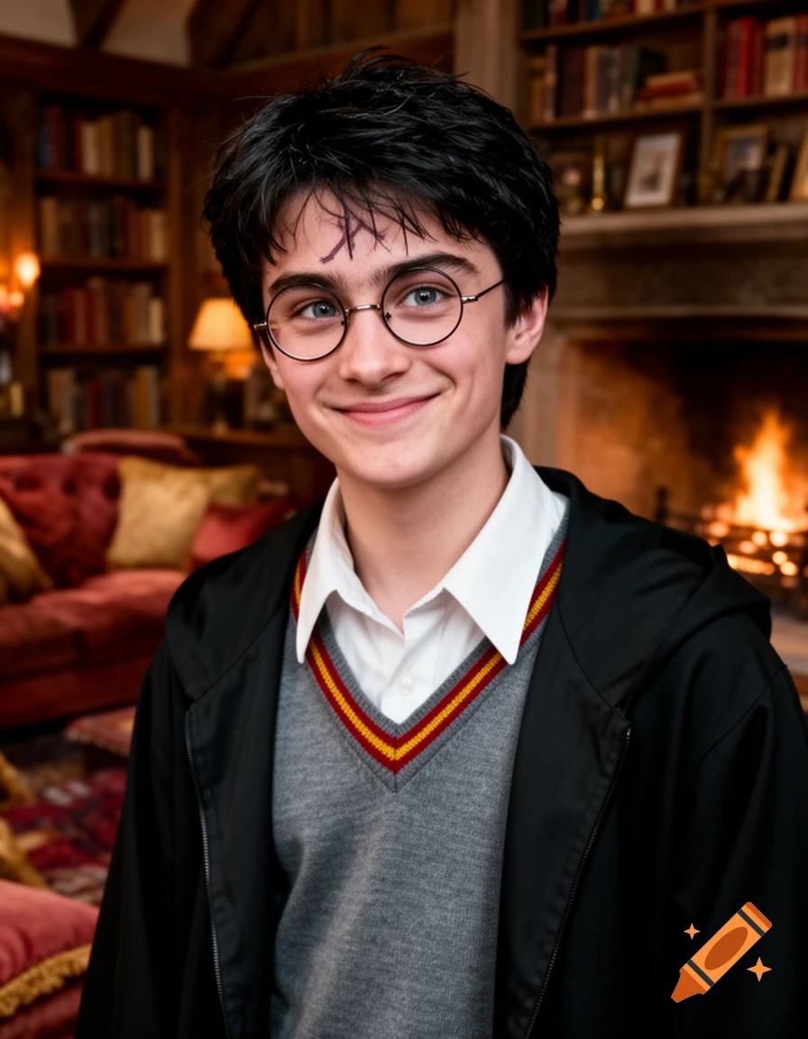 A young Harry Potter in his uniform smiles slightly in a cozy library with a fireplace.