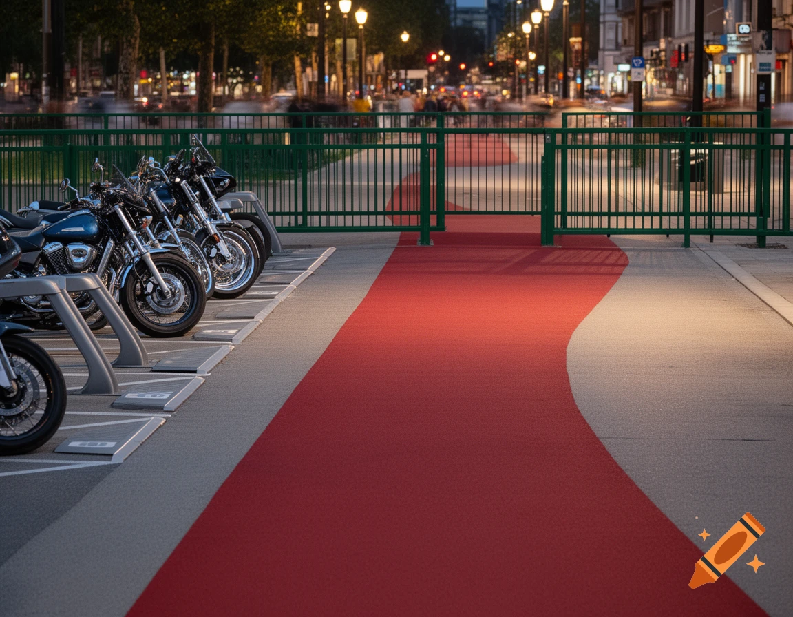 Motorcycles parked next to a curving red pedestrian path and green fence, with a blurred city street in the background at dusk.