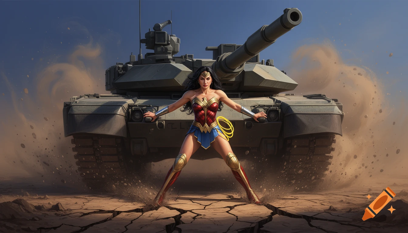 Wonder Woman stands heroically, pushing back a large military tank in a dusty desert landscape with cracked earth.
