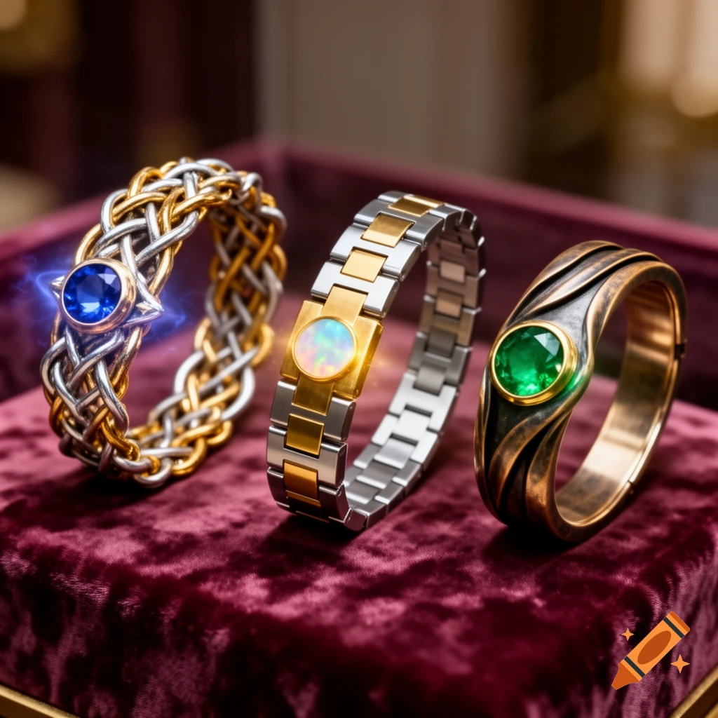 Three elaborate bracelets on a red velvet cushion: braided gold and silver with blue gem and electric aura, two-tone with opal, and bronze with green gem.