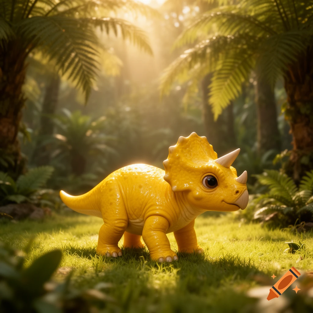 A cute, bright yellow baby triceratops toy stands in a sun-dappled lush green jungle environment.