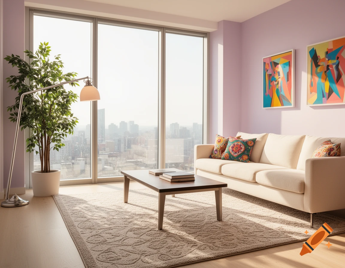 A bright, modern living room with a cream sofa, colorful pillows, a coffee table, a plant, and a large window overlooking a city skyline.