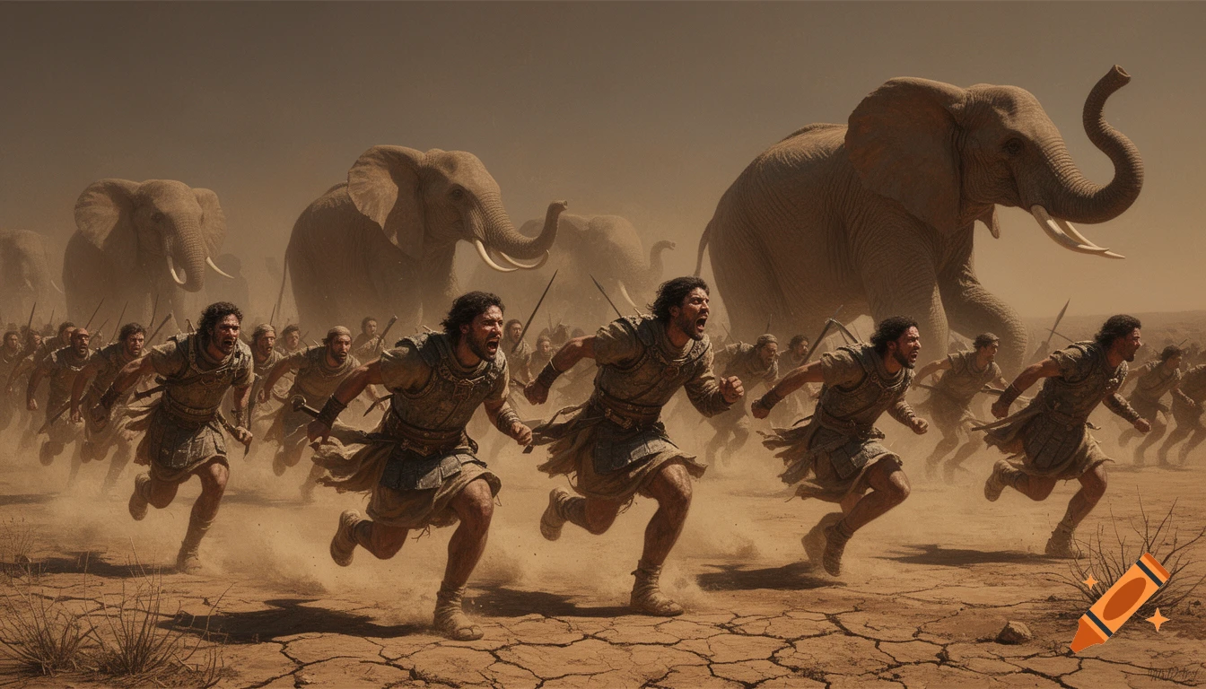 Photorealistic depiction of soldiers running in fear from war elephants across a dusty, cracked desert landscape.