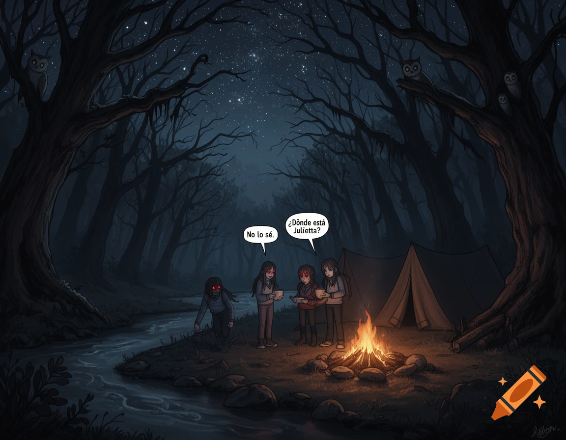 Stylized illustration of four figures with glowing red eyes in a dark forest campsite, with speech bubbles.