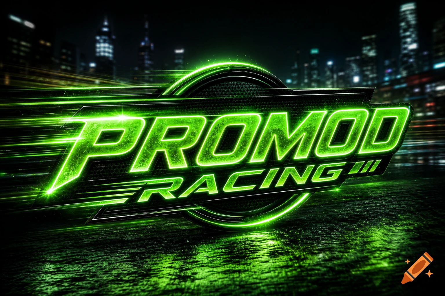 A vibrant neon green 'PROMOD RACING' logo with speed lines and a metallic texture, set against a blurred dark city night.