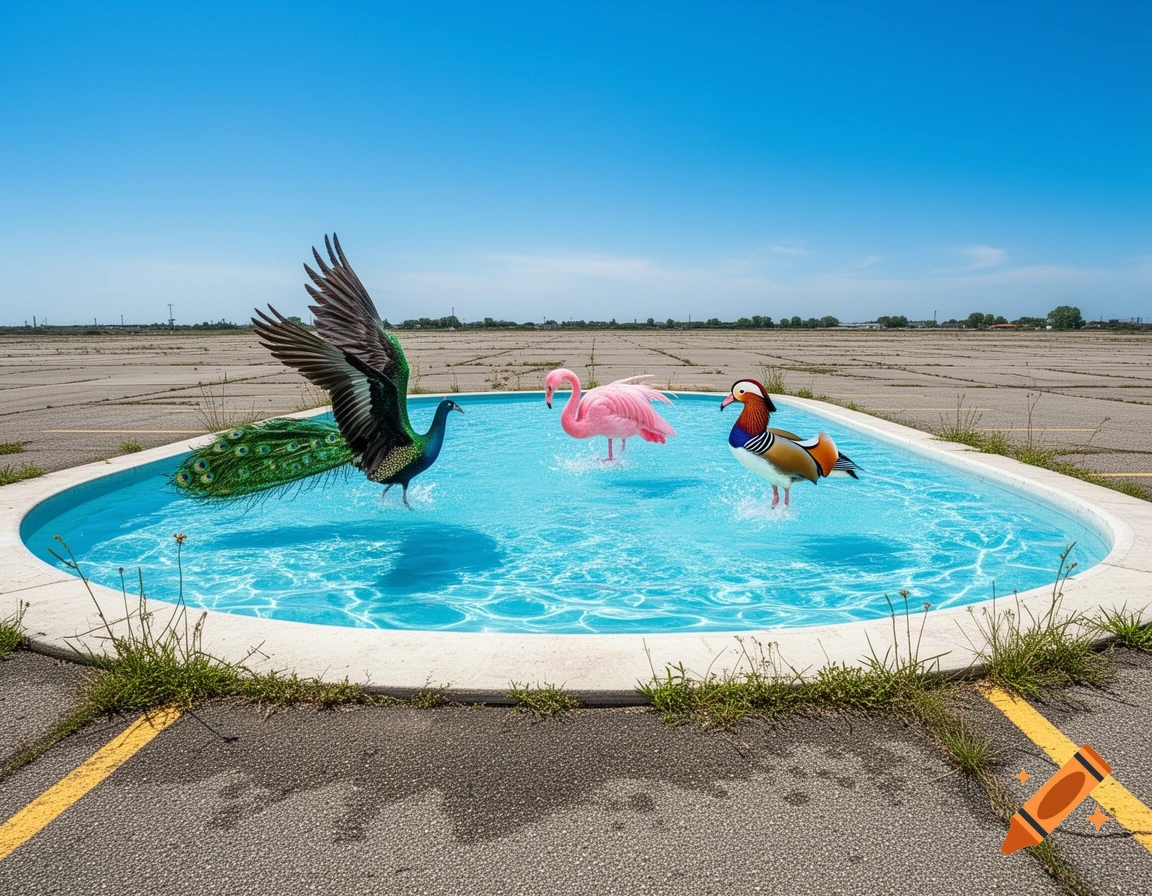 A vibrant peacock, flamingo, and mandarin duck splash in a small, oval swimming pool in the middle of a deserted asphalt parking lot under a clear blue sky, in a photorealistic style.