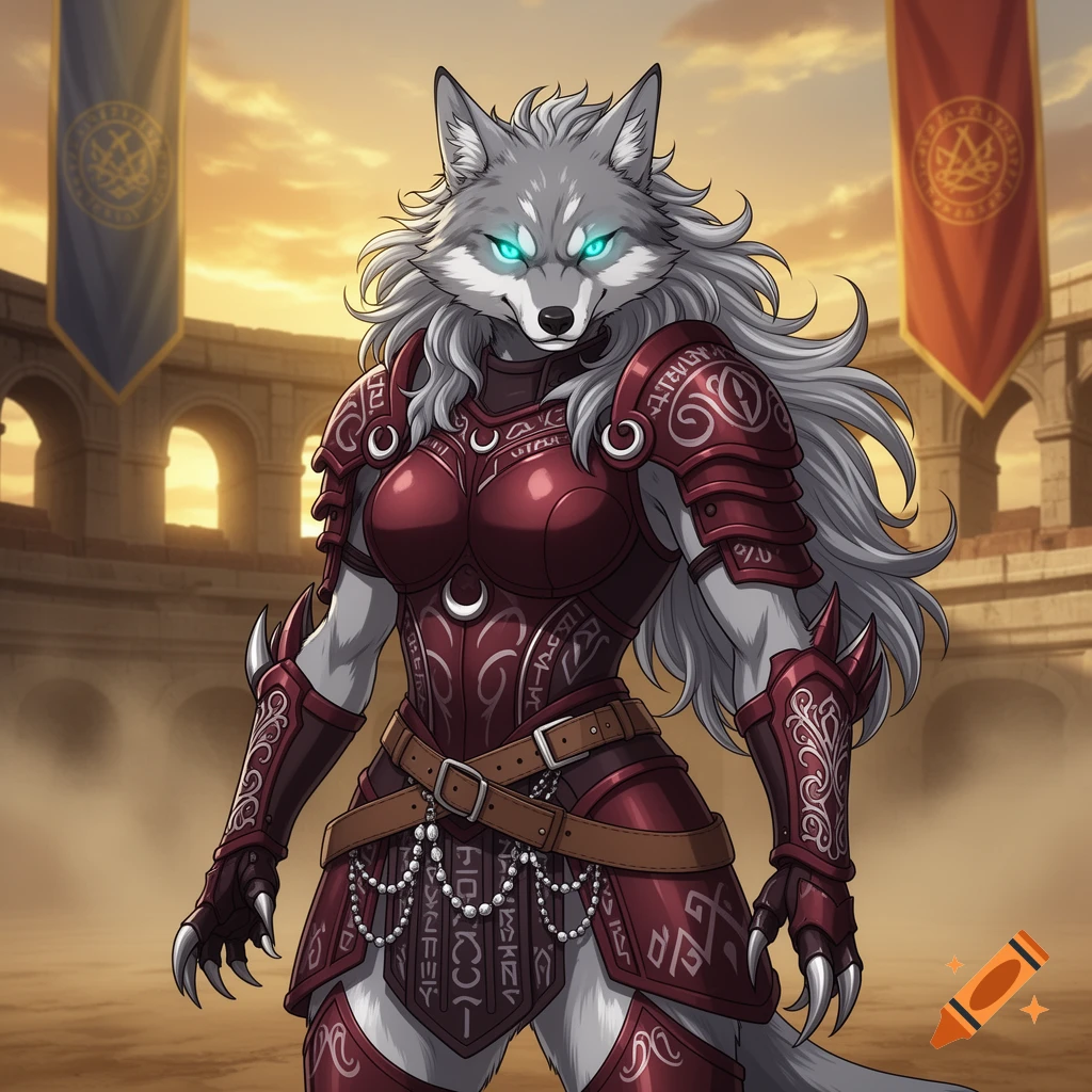 A gray wolf lady in red anime-style gladiator armor stands in an arena at sunset, with banners in the background.