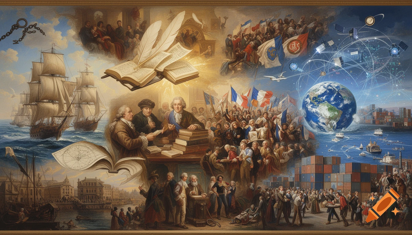 A detailed historical fresco painting depicting transatlantic trade, Enlightenment philosophers, the French Revolution, and modern globalization.