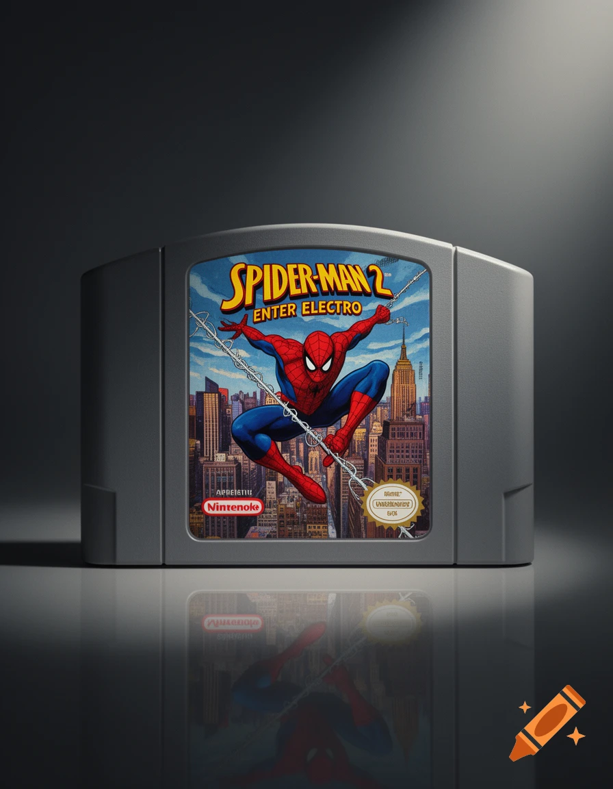 Close-up of a Spiderman 2 Enter Electro N64 game cartridge, with Spiderman swinging against a city background, reflecting on a dark surface.