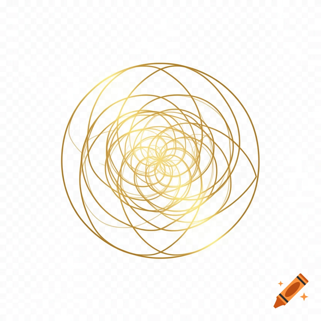 Minimalist golden vortex spiral of thin metallic lines, a sacred geometry design on a transparent background.