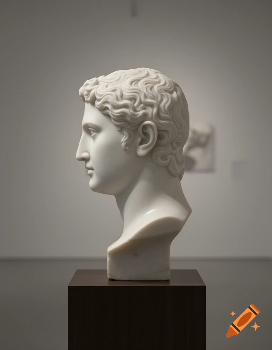 A photorealistic white marble bust of a man with curly hair, seen in profile, displayed on a dark pedestal in a museum.