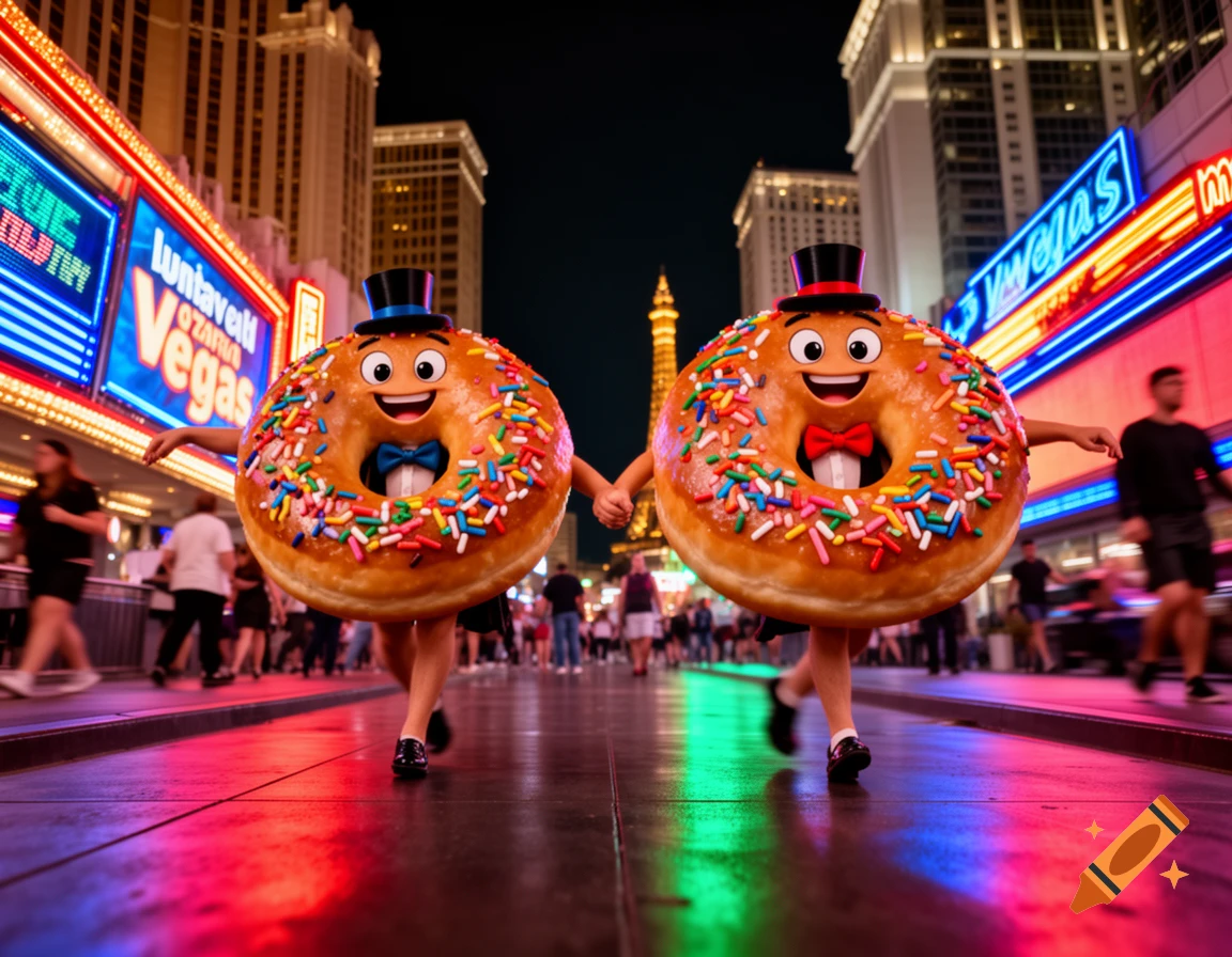 Two smiling anthropomorphic donuts with top hats and bow ties dance hand-in-hand on the neon-lit Las Vegas Strip at night.