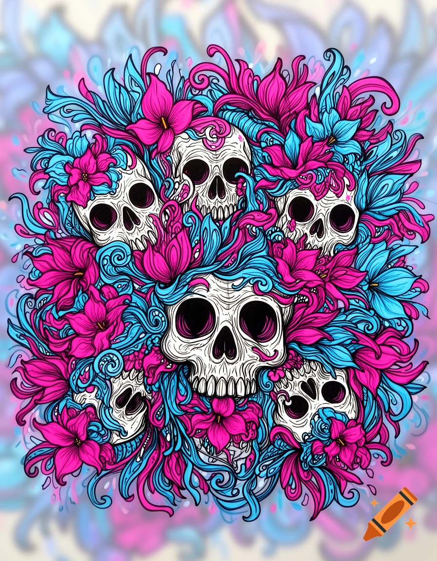 Stylized illustration of multiple skulls intertwined with vibrant pink and blue flowers and abstract swirling patterns.