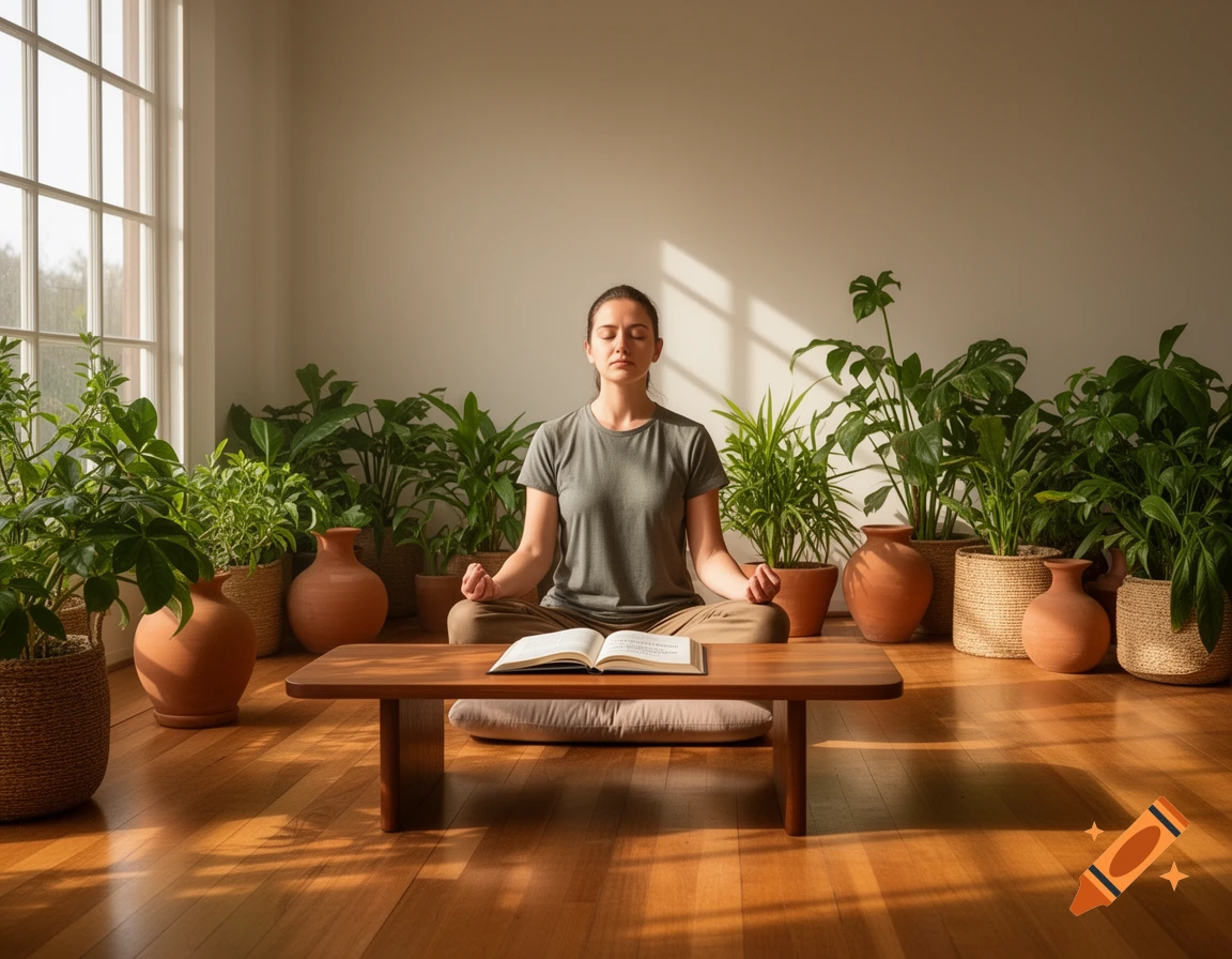 A woman meditates in a sunlit room with numerous potted plants, sitting cross-legged on a cushion with an open book on a low table.