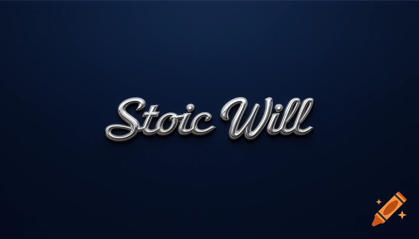 Chrome text "Stoic Will" in 1950s car badging style on a dark blue background.