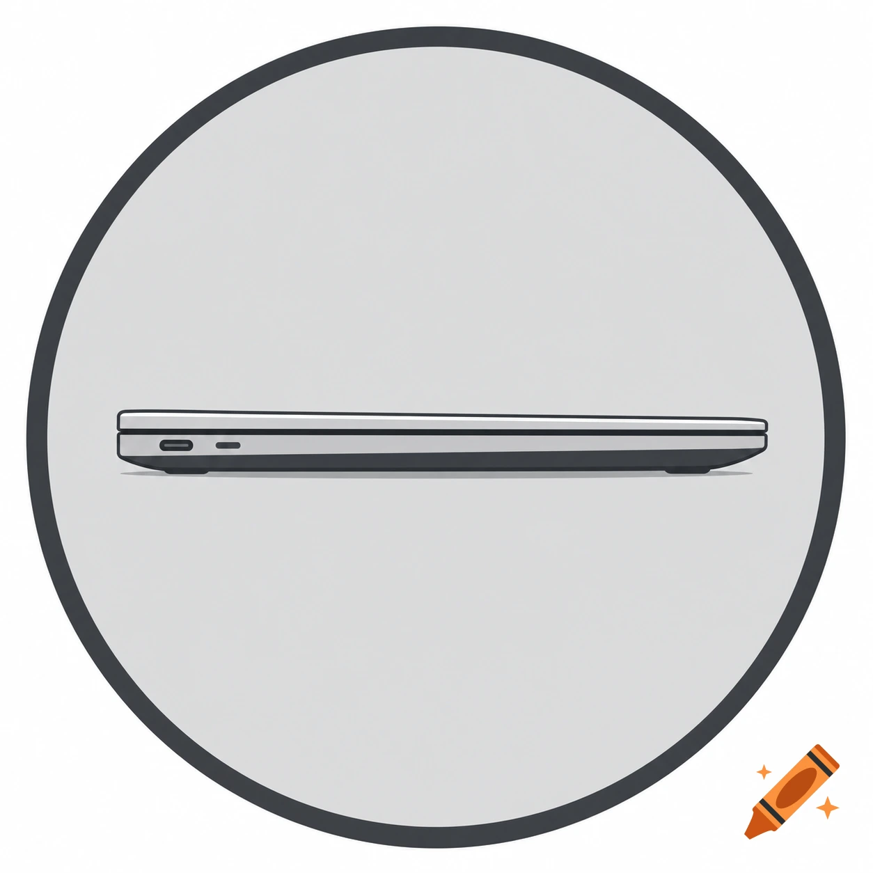 A side profile illustration of a thin silver laptop with a USB-C port, depicted as an icon within a grey circle.