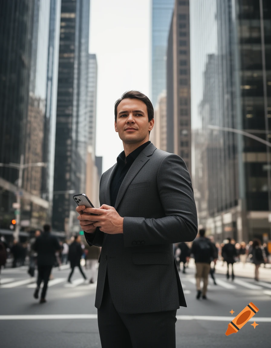 A man in a suit stands in a busy city street, holding a smartphone and looking ahead.