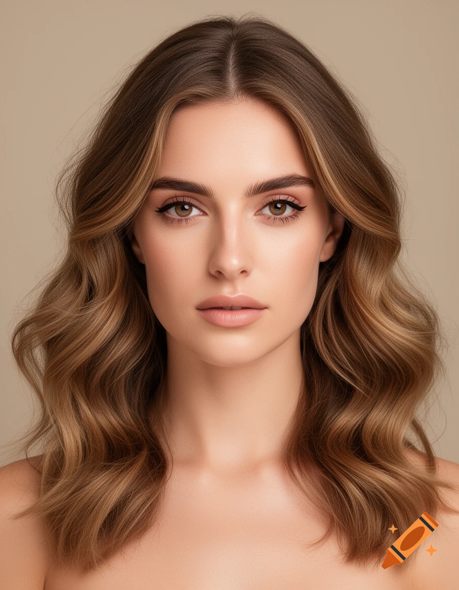 Close-up portrait of a woman with light brown wavy hair, brown eyes, and subtle makeup, looking directly at the viewer.