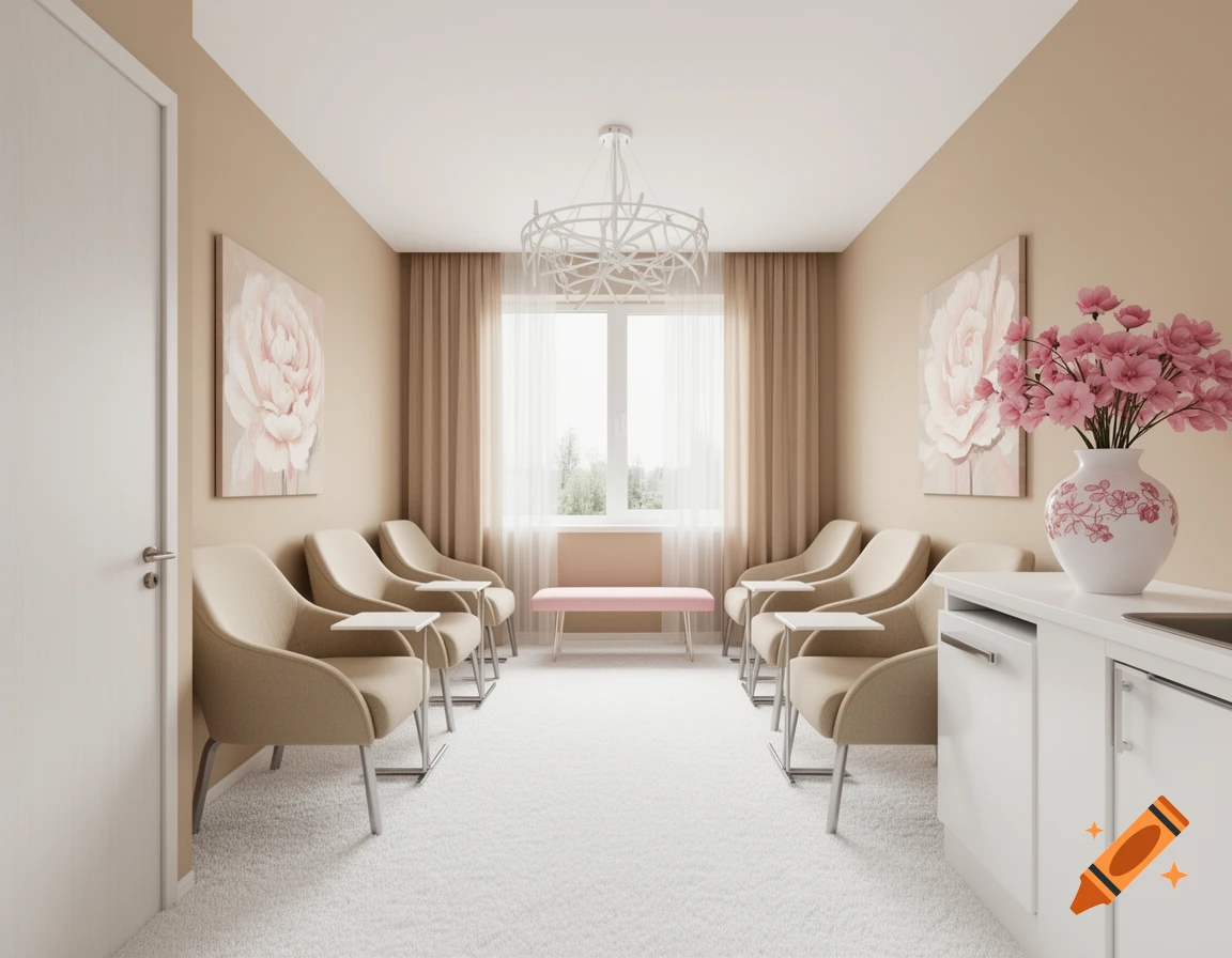 A modern, serene waiting room with beige chairs, a pink bench, and floral paintings in a light-colored interior.