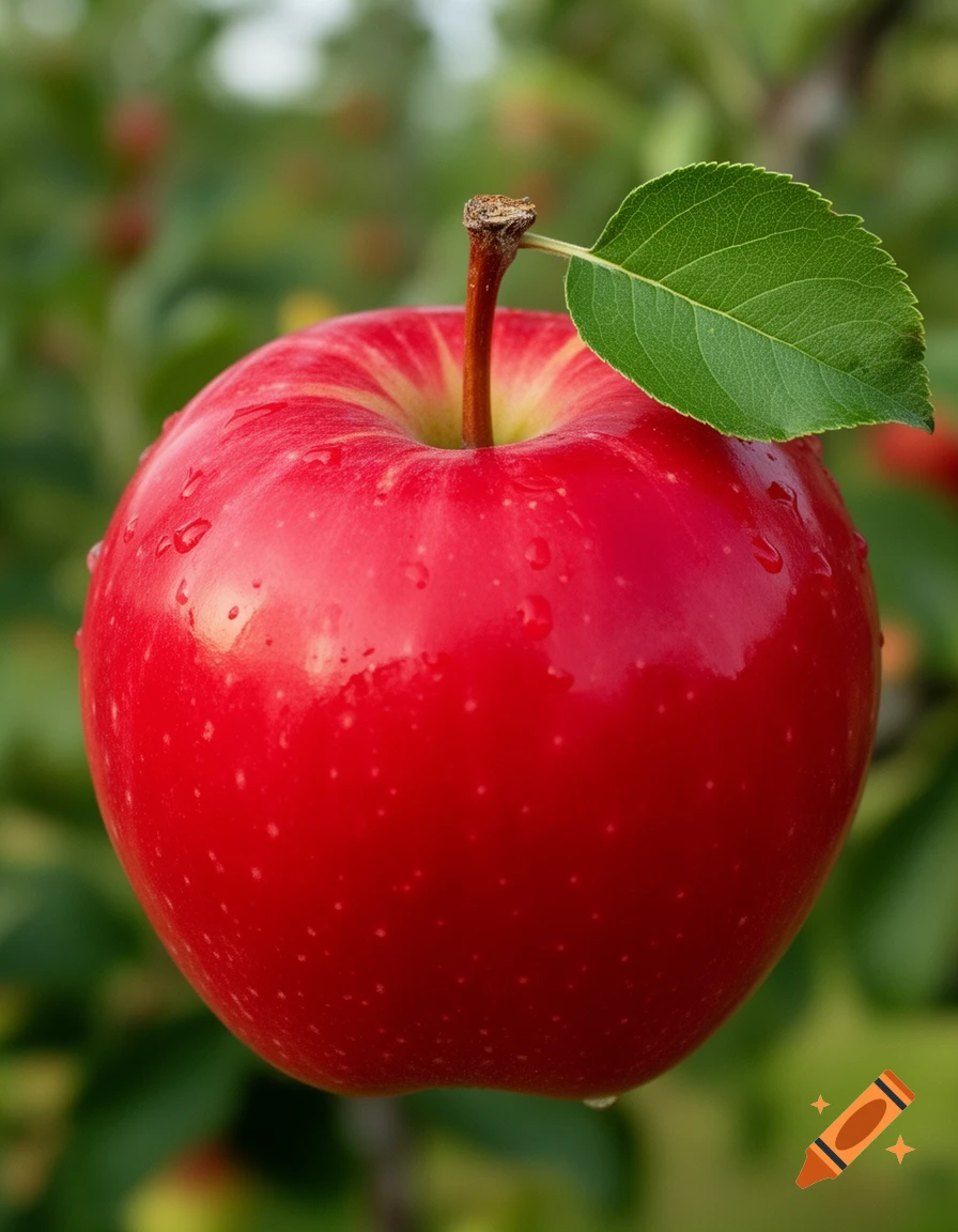 A vibrant red apple with a green leaf and water droplets, hanging on a tree branch, photorealistic.