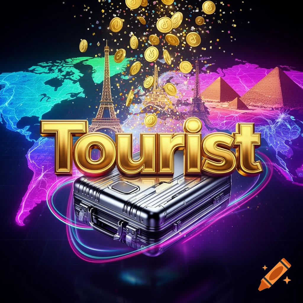 Vibrant digital art with a holographic world map, 'Tourist' in gold 3D text, falling gold coins, a luxury suitcase, Eiffel Tower, and Pyramids.