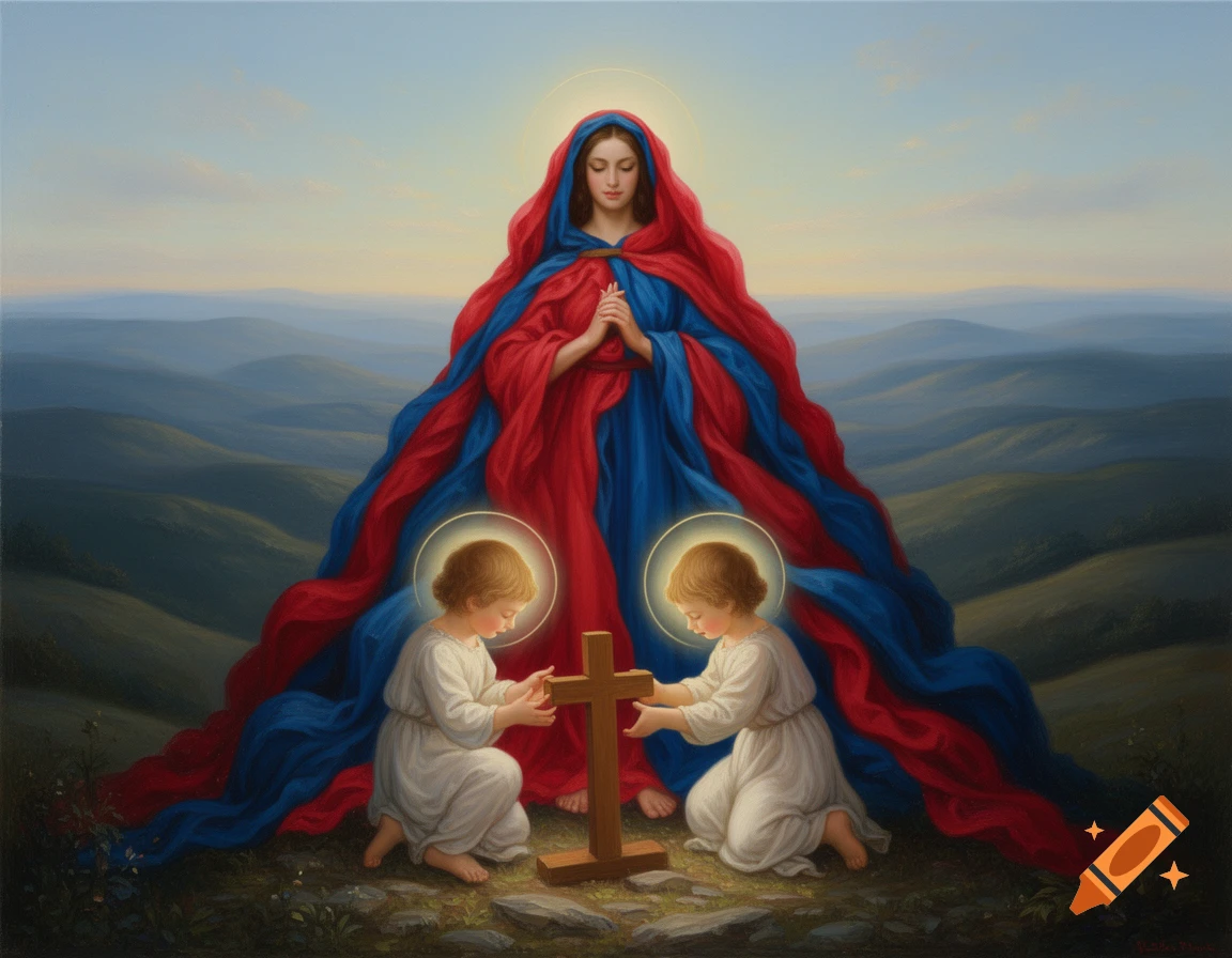 Oil painting of a woman in red and blue drapery watching two haloed children playing with a wooden cross on a rolling landscape.