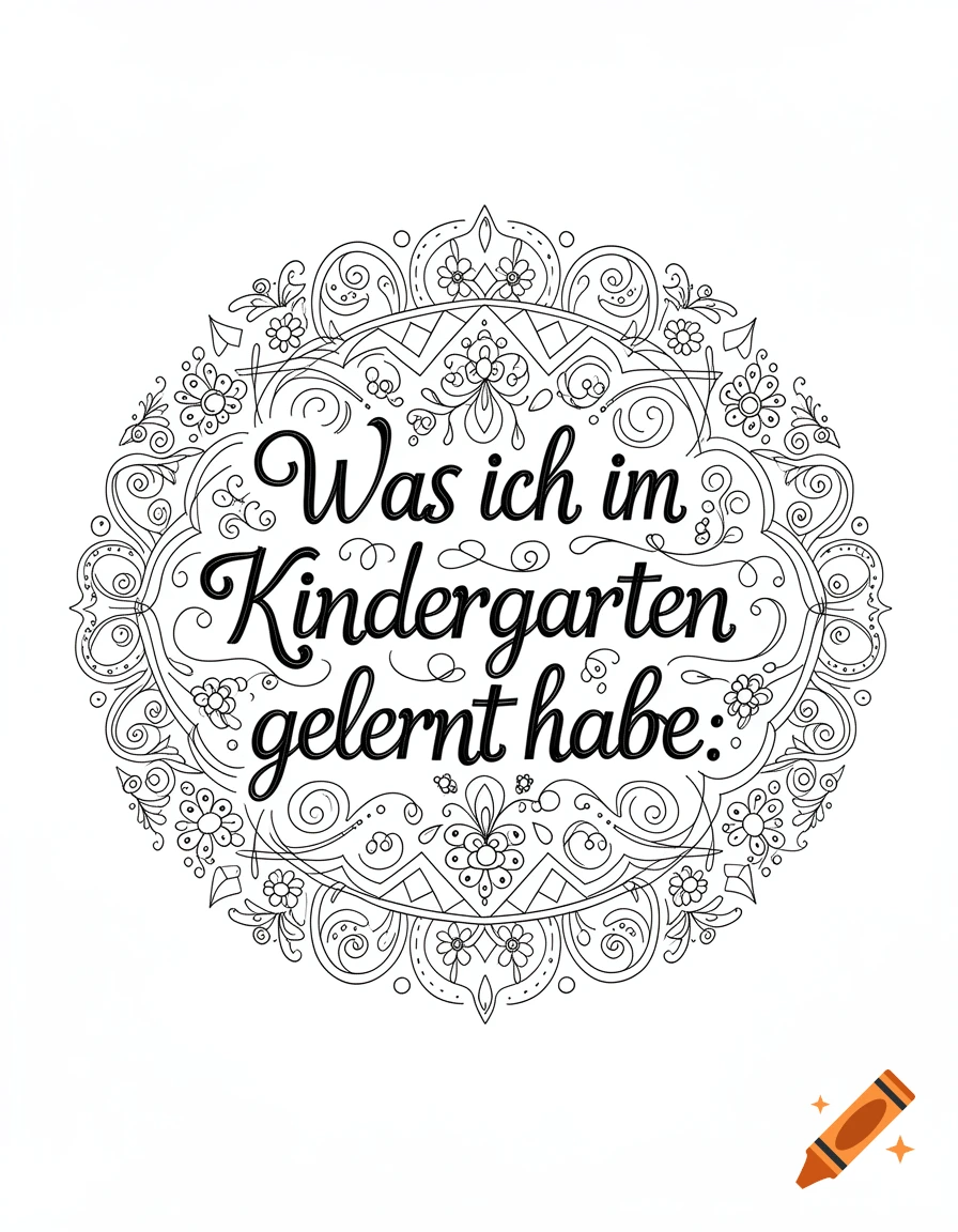Black and white line drawing of a decorative, circular frame around the German text 'Was ich im Kindergarten gelernt habe:'