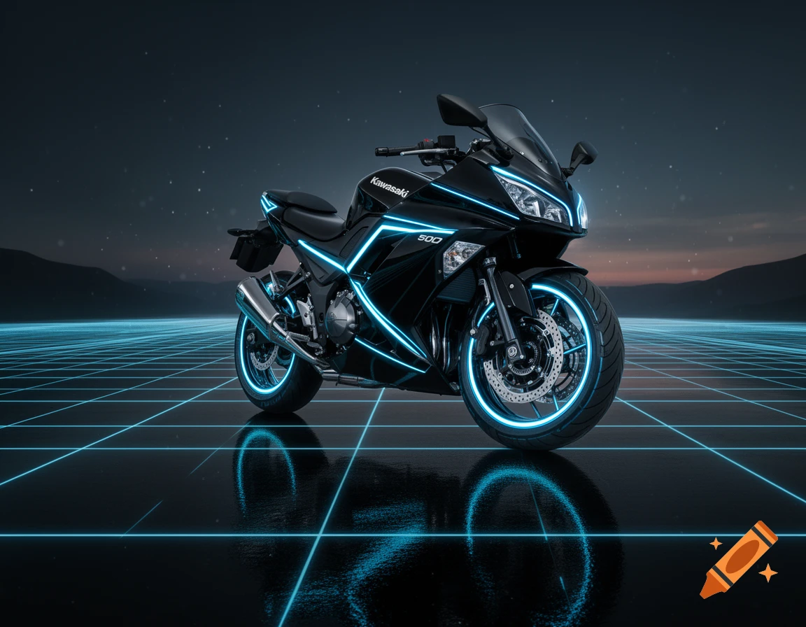 Black Kawasaki motorcycle with neon blue glowing lines on a dark, reflective grid surface against a starry sky, in a Tron-like style.
